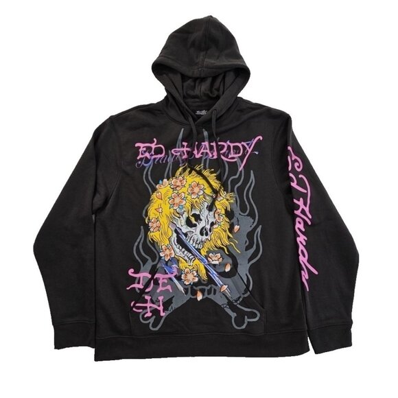 Ed Hardy Hoodie Men's L Black Pullover Sweatshirt Skull Grunge Goth Skate NEW - Picture 1 of 14